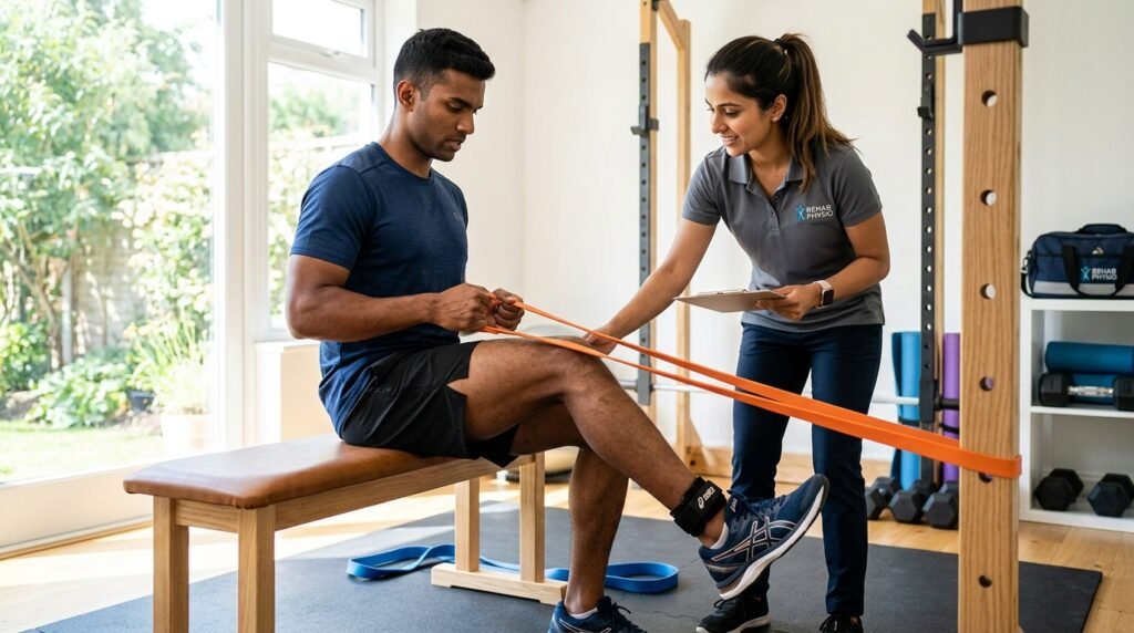 Physiotherapist supervising ACL reconstruction knee strengthening resistance band exercises at home