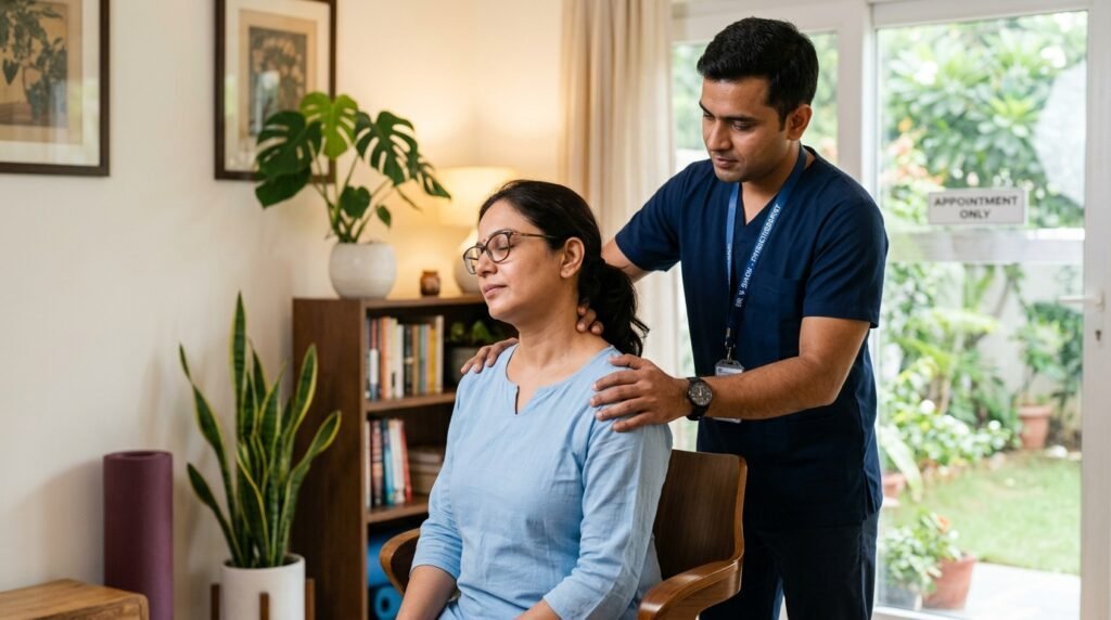 Physiotherapist performing gentle cervical neck mobilization and postural correction at home
