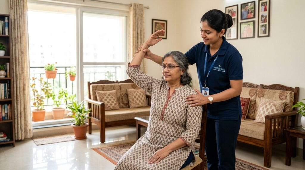 Physiotherapist assisting patient with frozen shoulder range of motion stretches at home in Noida