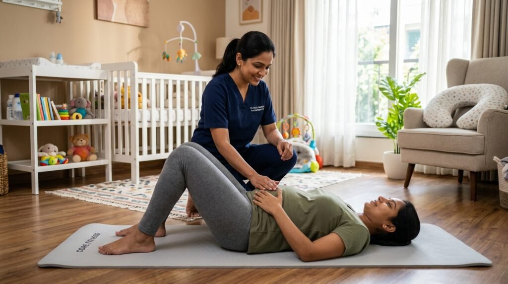 Physiotherapist guiding new mother in gentle pelvic floor and core recovery exercises at home