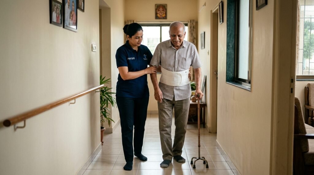 Physiotherapist supporting patient with lumbar belt during post spine surgery recovery at home