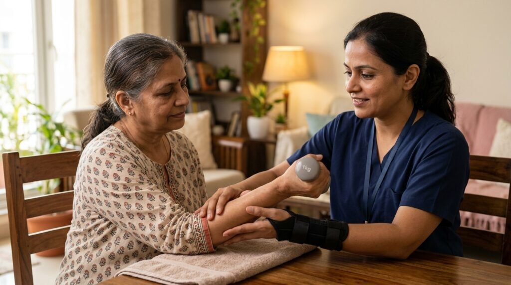 Physiotherapist guiding eccentric wrist and forearm strengthening exercises for tennis elbow at home