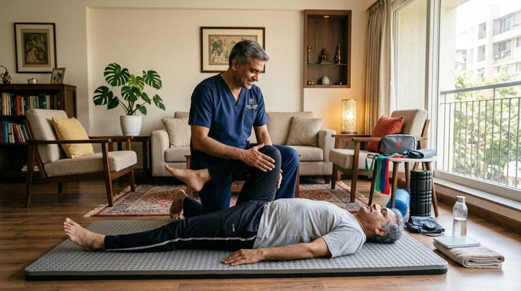 Physiotherapist guiding total hip replacement rehabilitation exercises at home in Noida