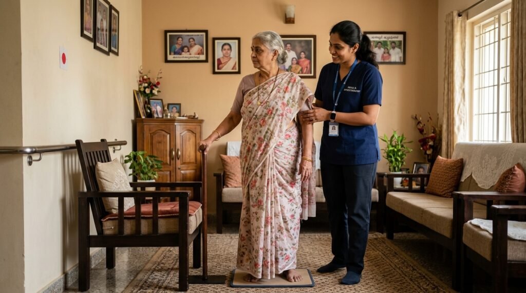 Physiotherapist conducting vestibular balance retraining and gaze stabilization for senior at home